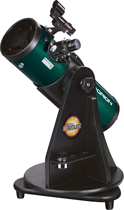 an image of a green table top telescope. The main part of the telescope is a cylindrical tube and a round black base