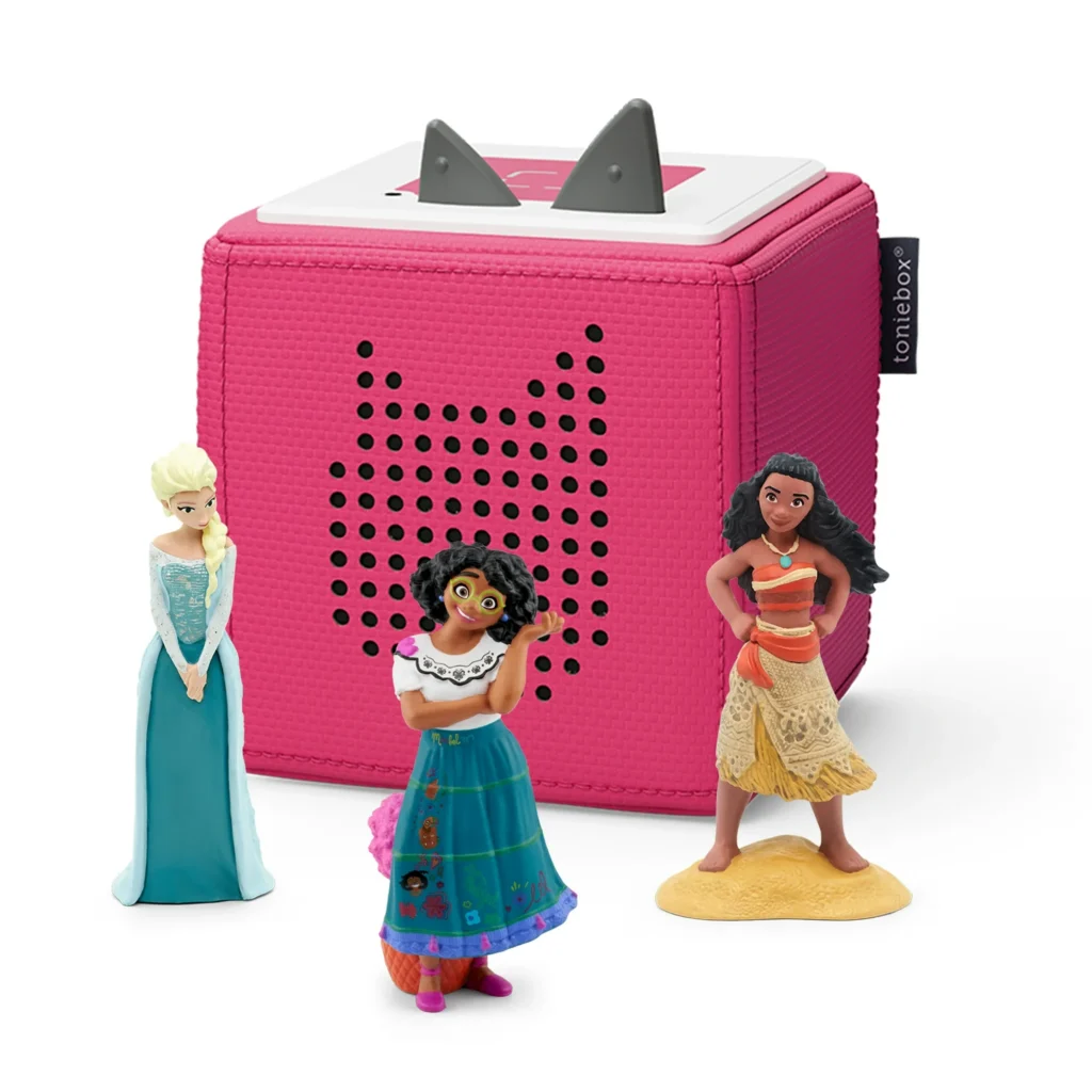 pink tonie box with Elsa, Mirabel, and Moana Tonies