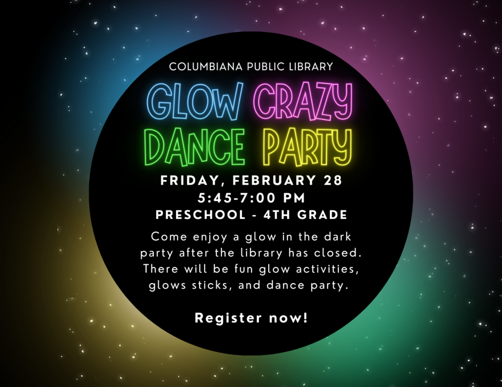 Kids in preschool through first grade can join us on Friday, February 28 from 5:45 until 7 PM for a Glow Crazy Dance Party!